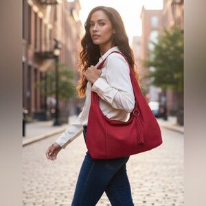 Maxon Collection Red Suede Tassel Hobo Shoulder Bag, Boho Chic Slouchy Handbag